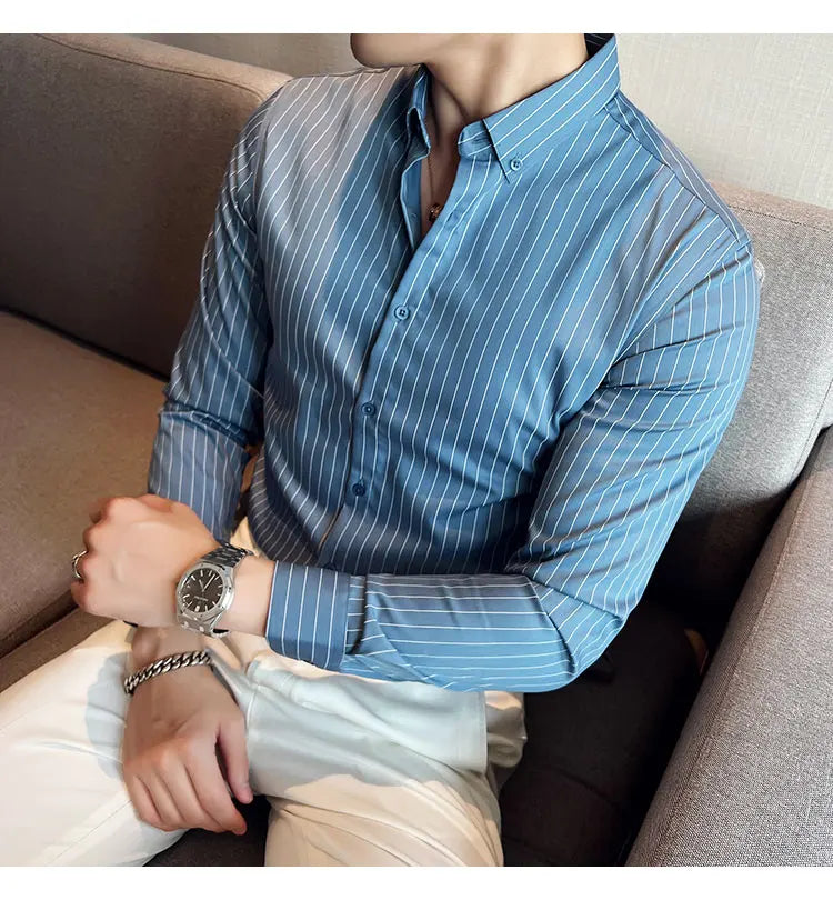 British Style Striped  Men' s Long Sleeve  Shirt