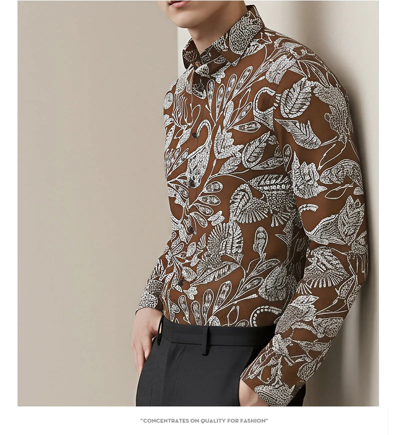 Men's Retro  Black & White Paisley Pattern  Long Sleeve Shirt