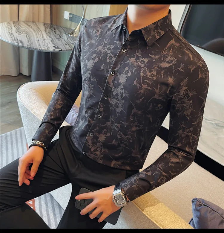 Men's Long-Sleeved  Floral Shirt with Elegant Pattern Design. Slim Fit for Casual & Business Occasions