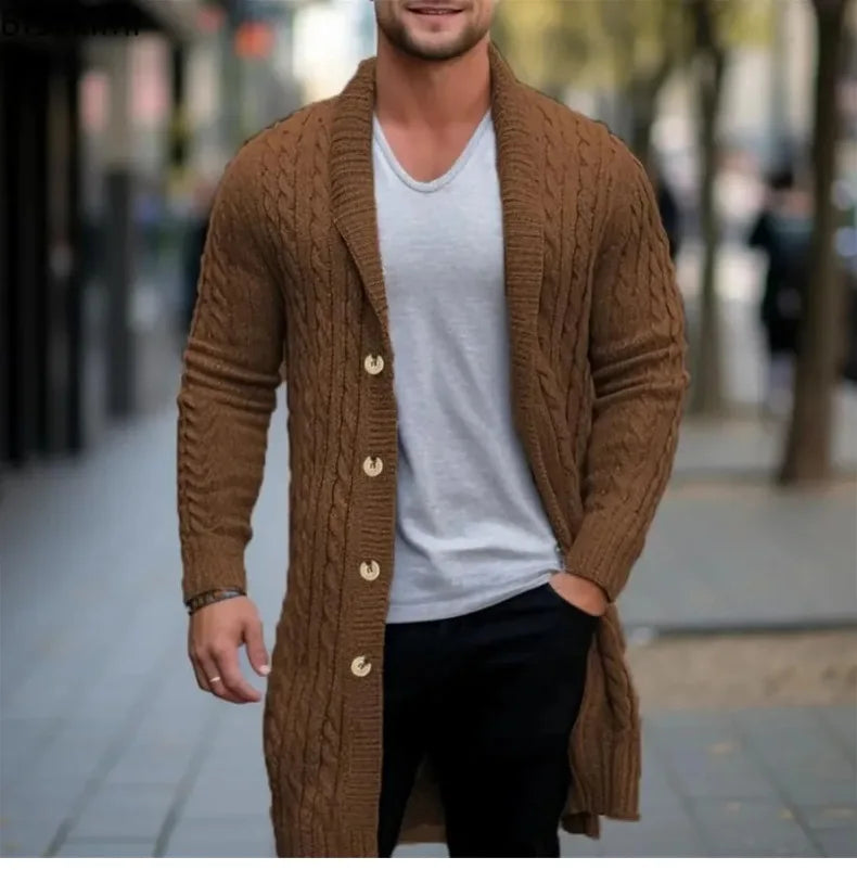 American European Fashion Men's  Trendy Long Sleeve Turn-down Collar Loose Knitted Knee Length Sweater Coat