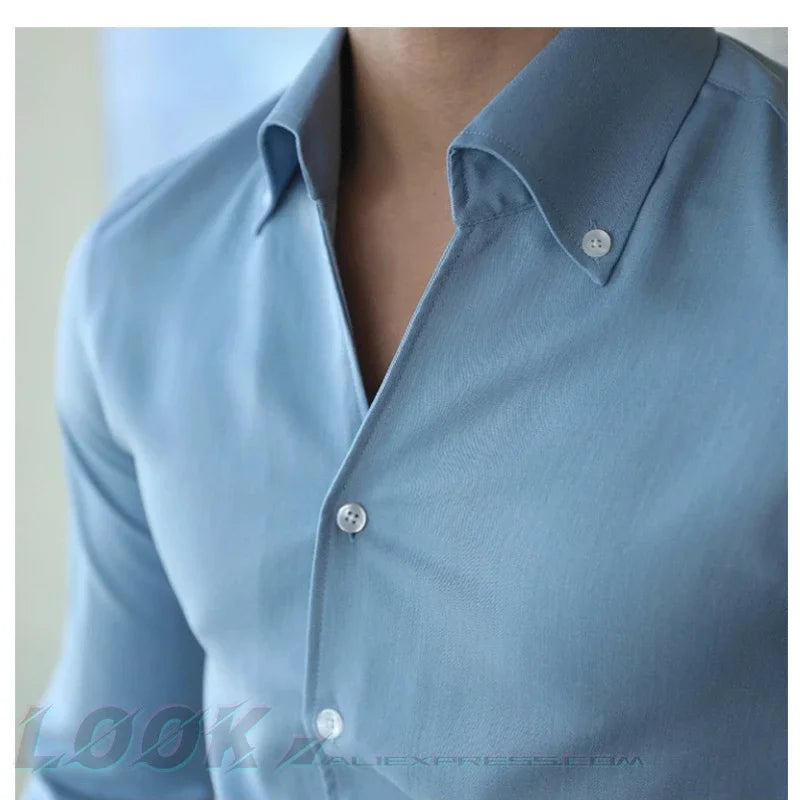 Men's Italian Collar Shirt, Wrinkle-free, Fashionable, Slim-fit