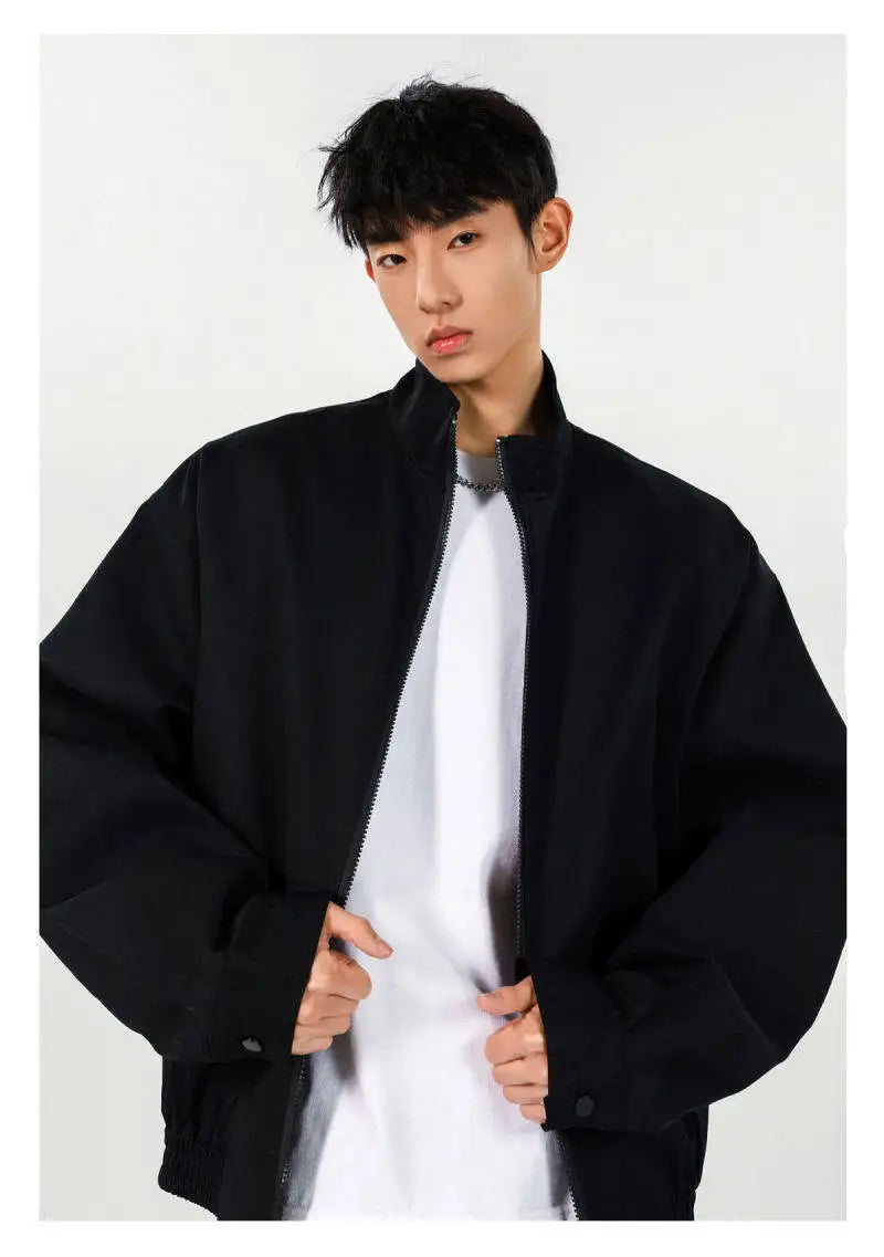 New Men's Solid Color Zip-up Stand Collar Loose Casual Jacket