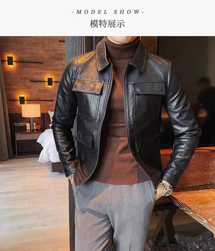 Men Fashion Lapel streetwear  Jacket Casual Business leather coats