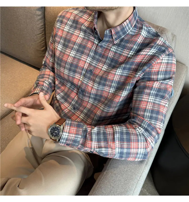 Men's 100% Cotton Brushed Plaid Long-Sleeve Shirt  Thickened Warm Shirt for Autumn and Winter