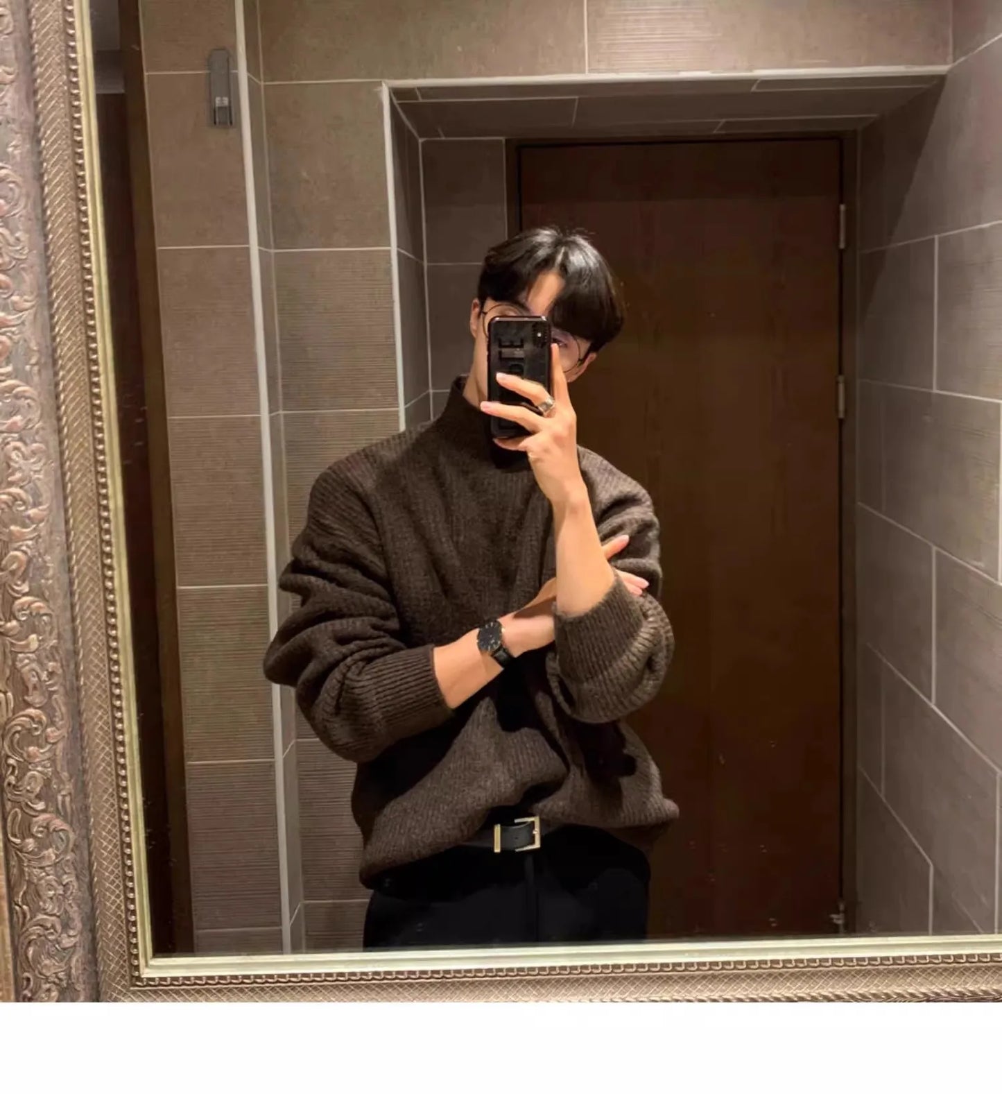 Half-high Collar Solid Color Men's Dark Pattern Sweater