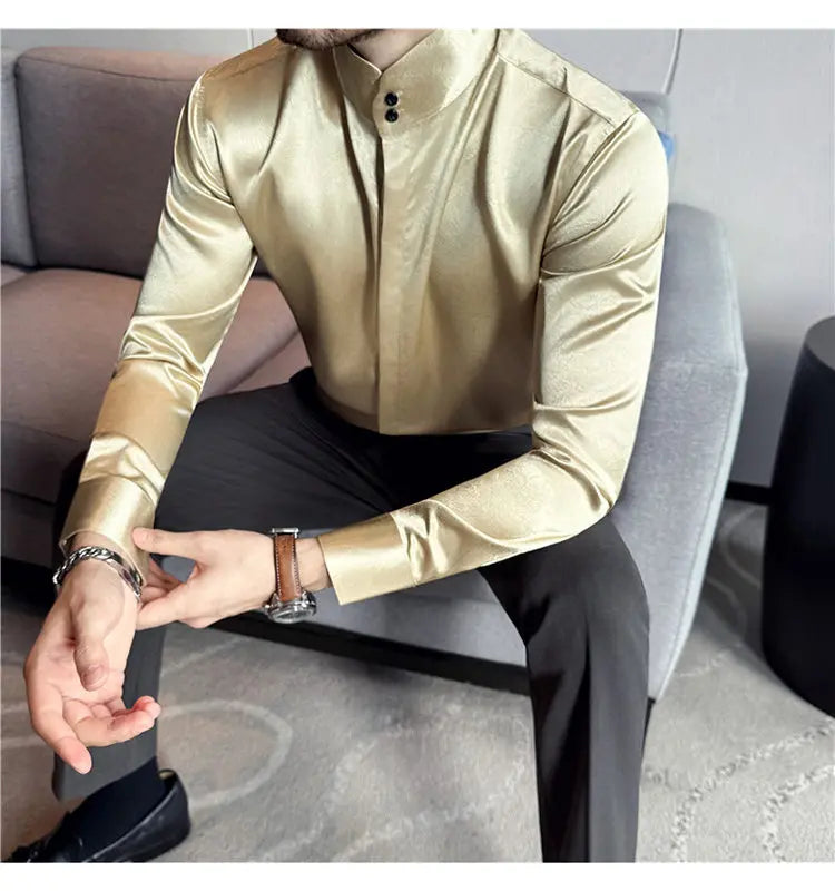 New Chinese Style Men's Long-sleeved Stand - Up Collar Satin Shirt  Luxury Men's Dress Shirt with Stand-up Collar Design