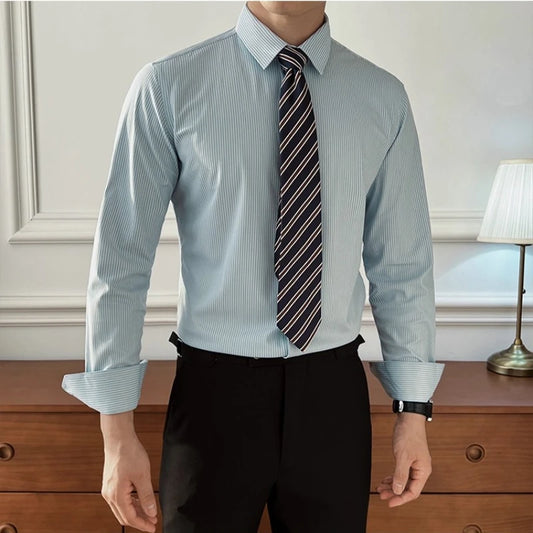 Stretch Slim Fit Men's Business Casual Shirt with Silk & Striped Design