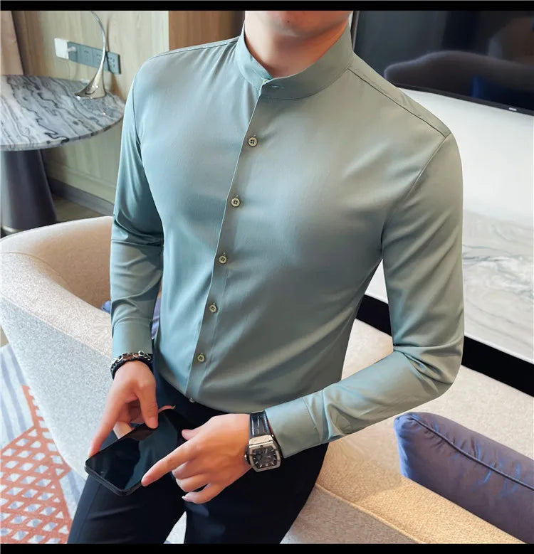 Men's Seamless Stand Up Collar Shirt  Solid Color Long Sleeved Shirt for Office