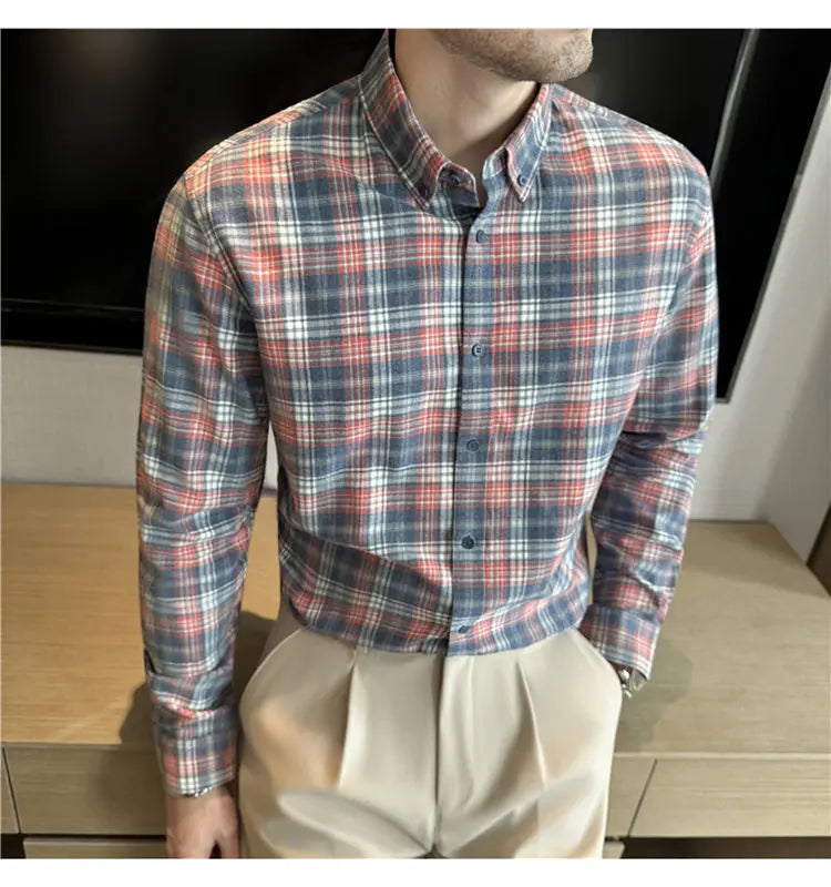 Men's 100% Cotton Brushed Plaid Long-Sleeve Shirt