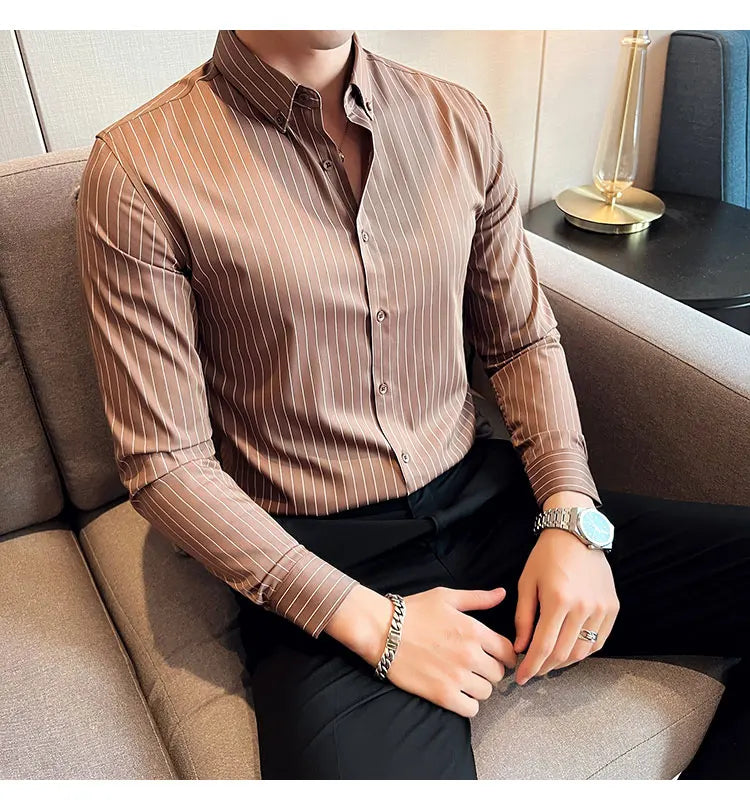 British Style Striped  Men' s Long Sleeve  Shirt