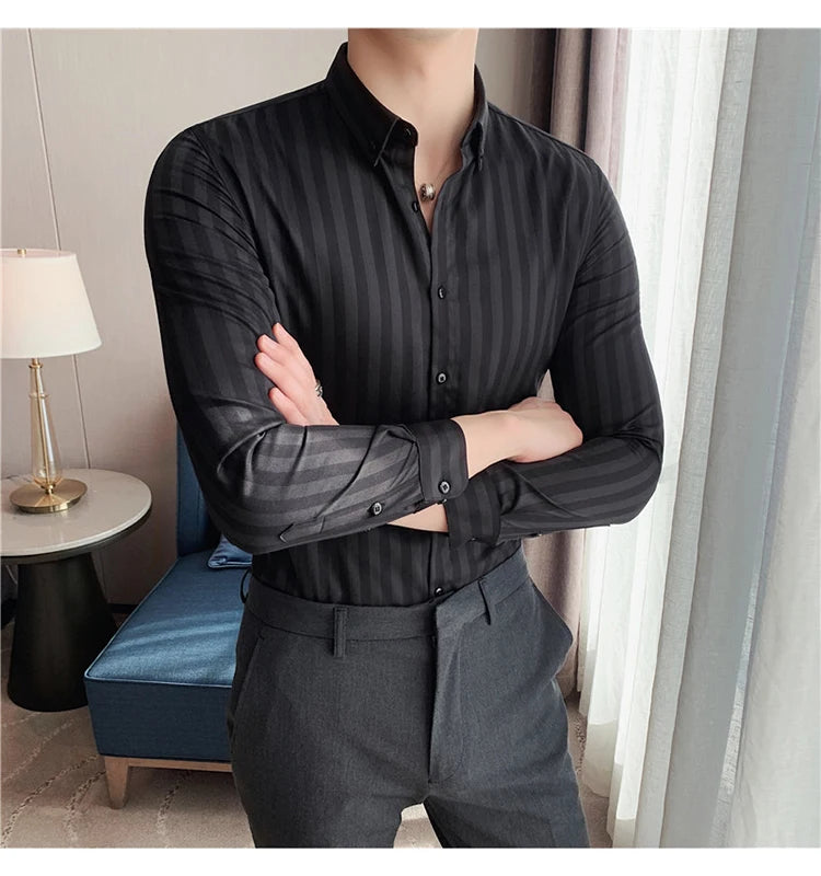 Alluring Korean Luxury Long Sleeve Striped Shirts For Men Slim Fit