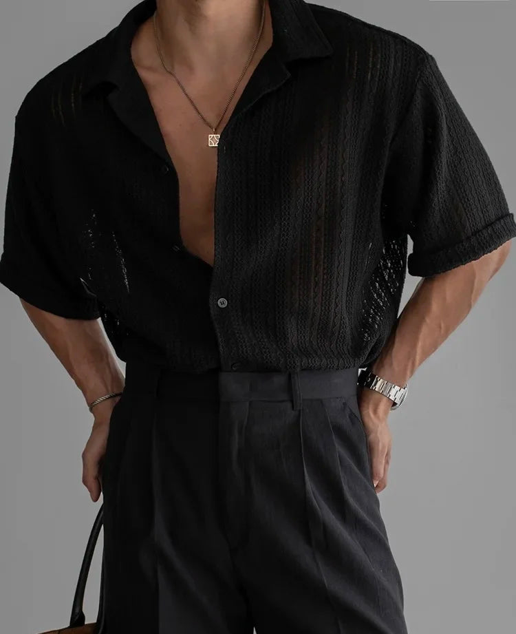 Vintage Cuban Collar Hollow Short Sleeved Shirt Men