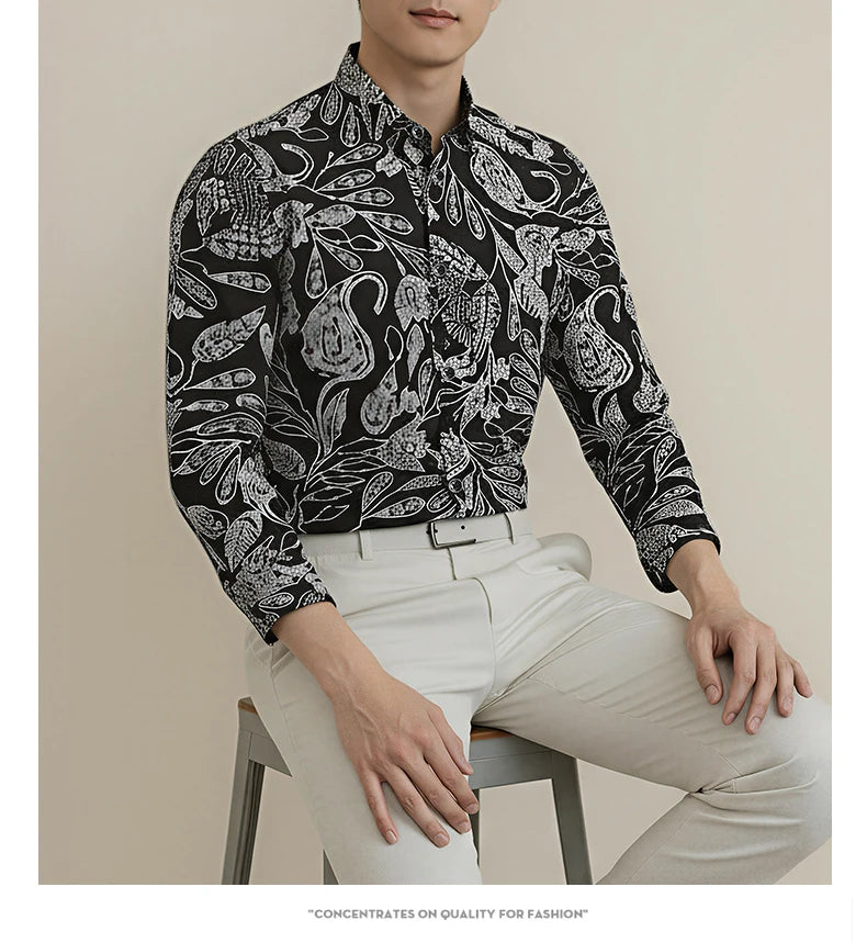 Men's Retro  Black & White Paisley Pattern  Long Sleeve Shirt