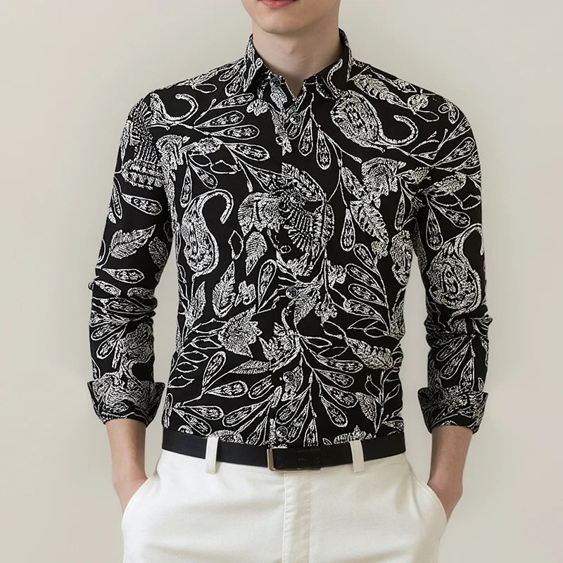 Men's Retro  Black & White Paisley Pattern  Long Sleeve Shirt