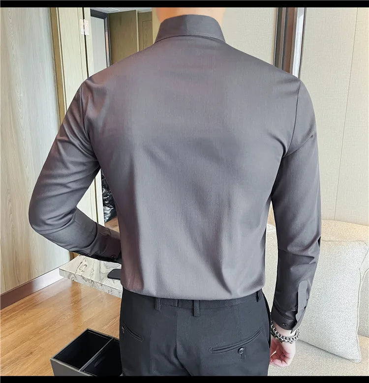 Men's Seamless Stand Up Collar Shirt  Solid Color Long Sleeved Shirt for Office