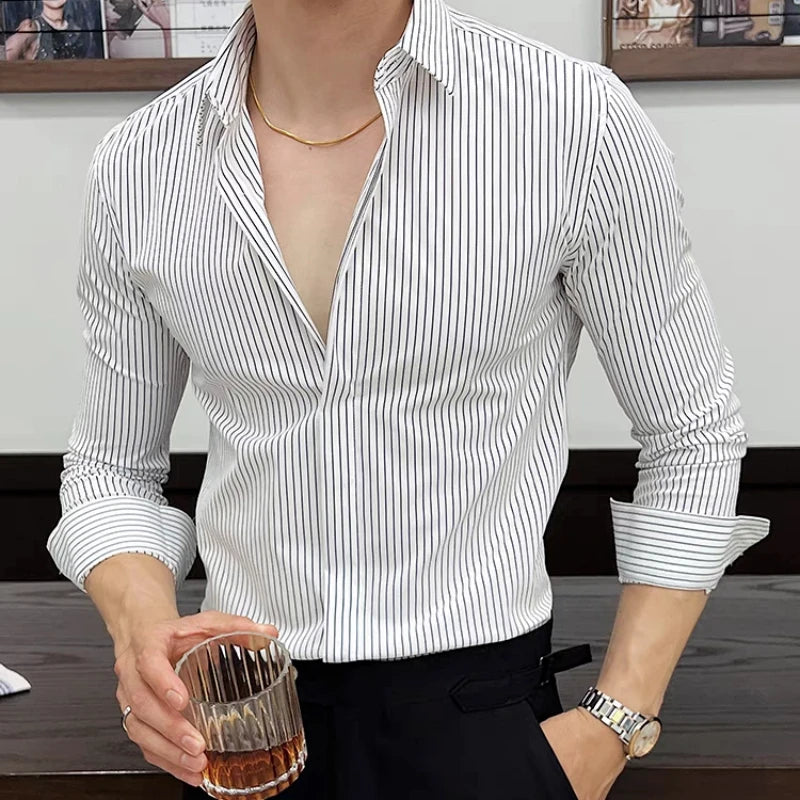 Men Striped Shirt Business Slim Fit Casual Non Iron Long Sleeve
