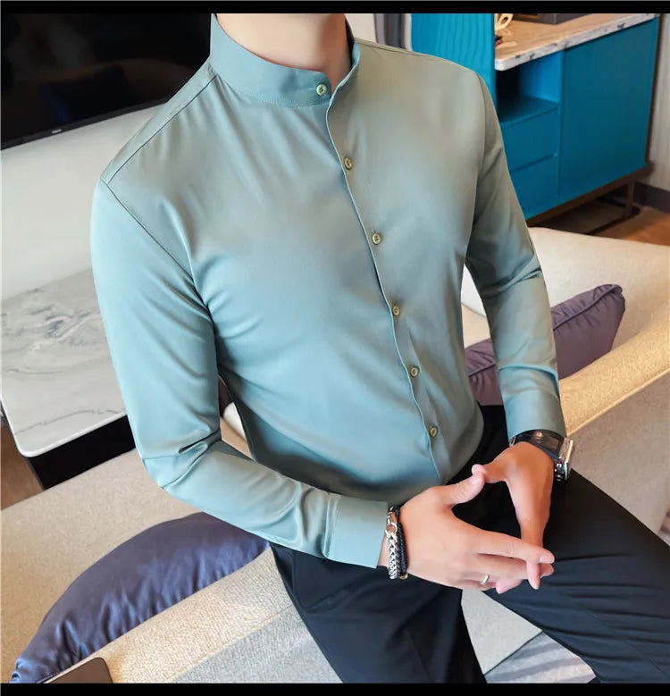 Men's Seamless Stand Up Collar Shirt  Solid Color Long Sleeved Shirt for Office