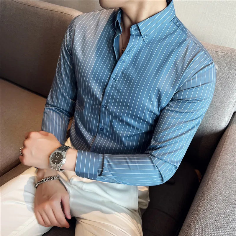 British Style Striped  Men' s Long Sleeve  Shirt