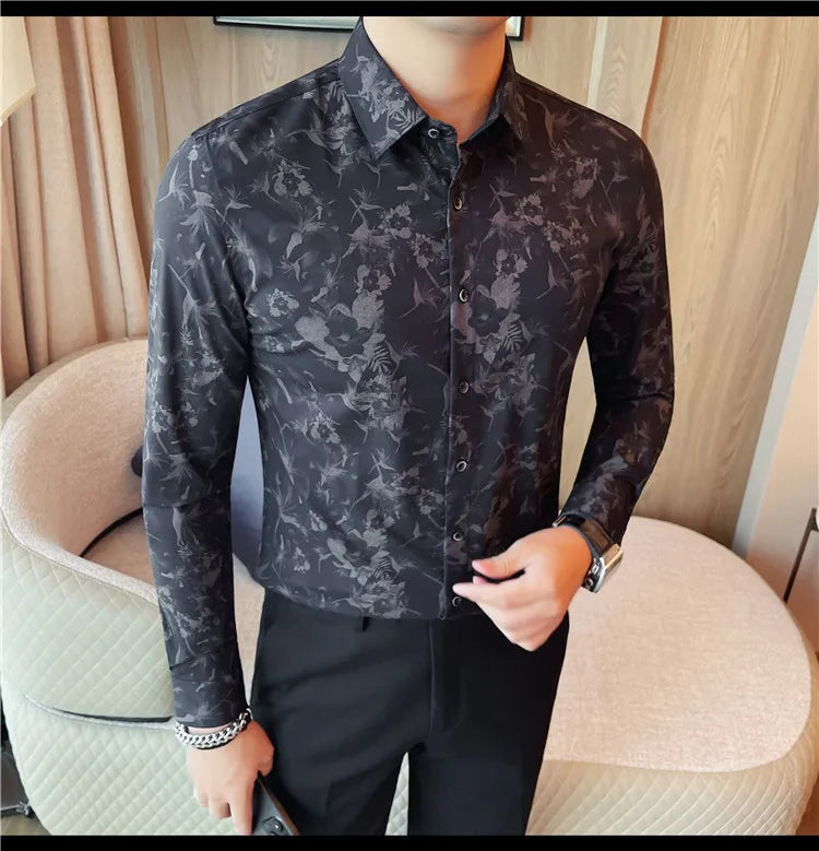 Men's Long-Sleeved  Floral Shirt with Elegant Pattern Design. Slim Fit for Casual & Business Occasions