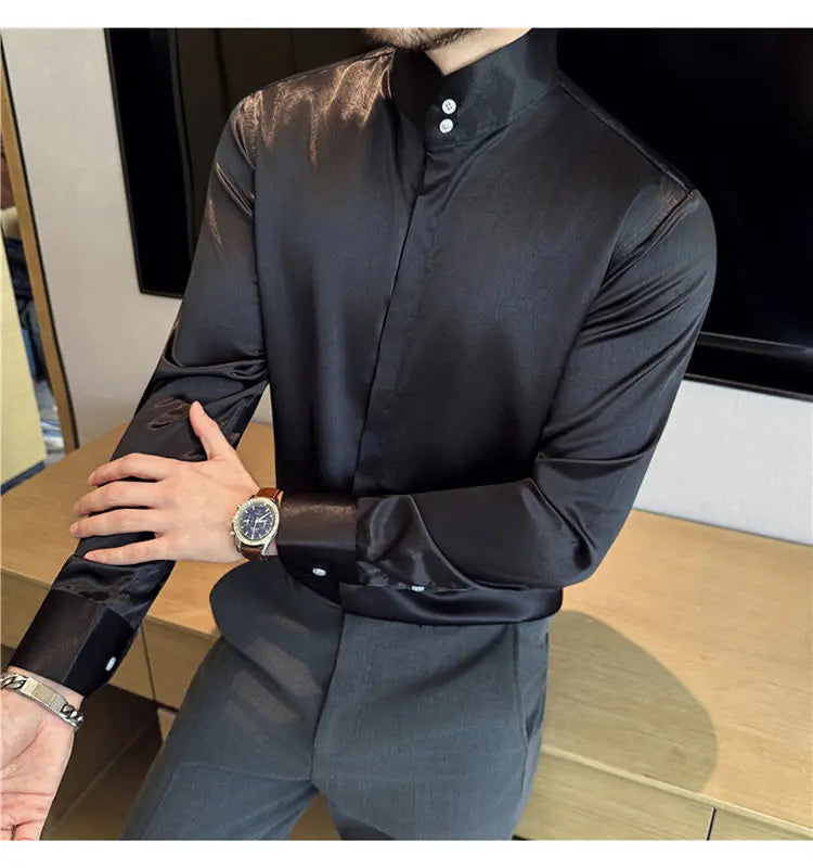 New Chinese Style Men's Long-sleeved Stand - Up Collar Satin Shirt  Luxury Men's Dress Shirt with Stand-up Collar Design