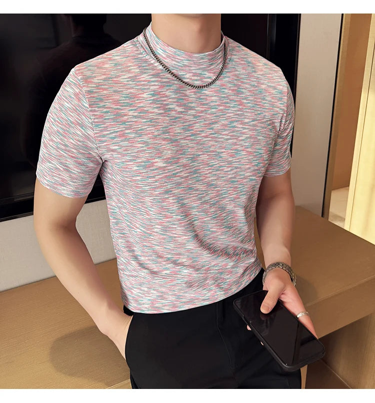 Camouflage T-shirt Men's Summer Half High Collar Slim Fit Short Sleeved Fashion