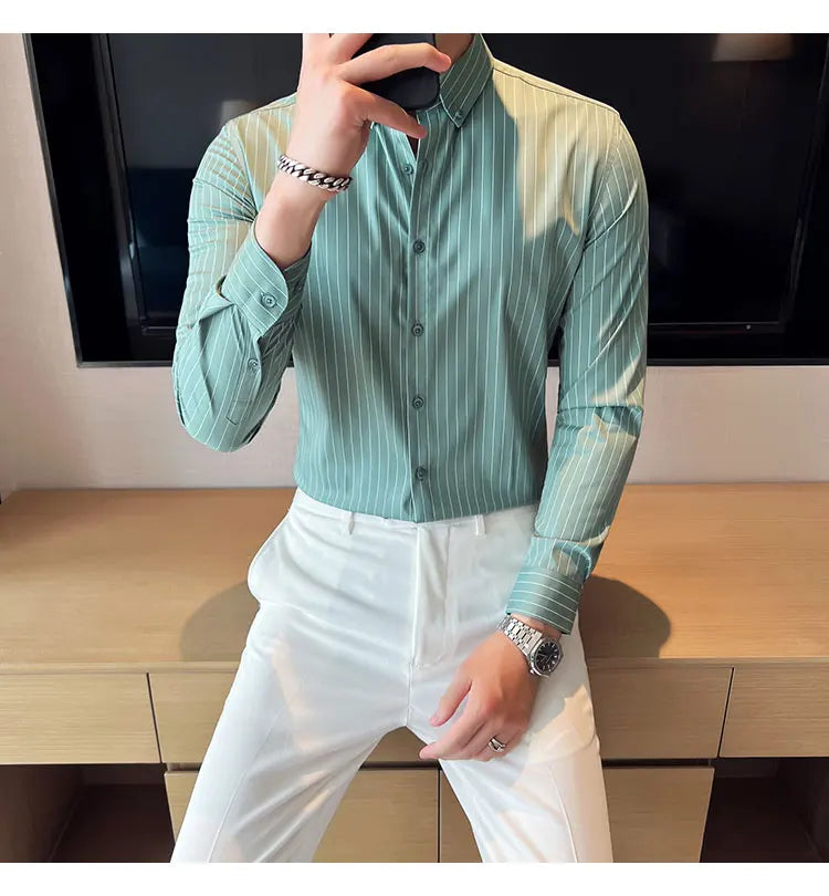 British Style Striped  Men' s Long Sleeve  Shirt