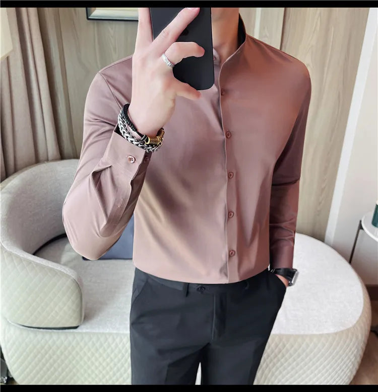 Men's Seamless Stand Up Collar Shirt  Solid Color Long Sleeved Shirt for Office