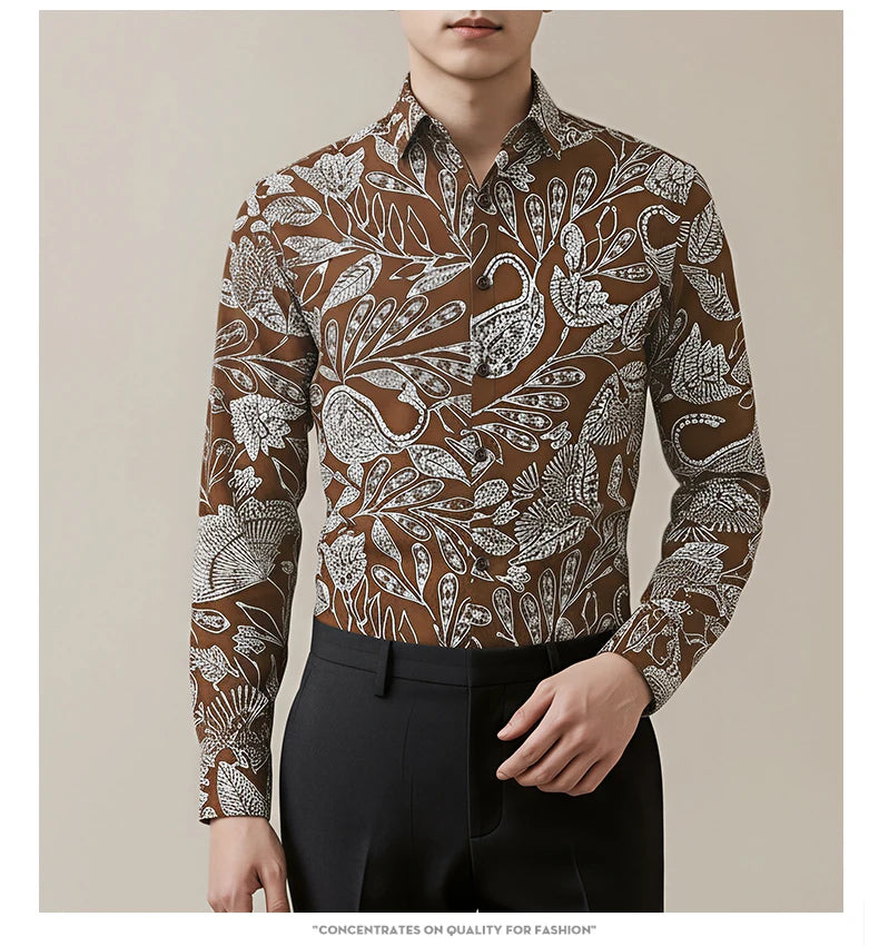 Men's Retro  Black & White Paisley Pattern  Long Sleeve Shirt