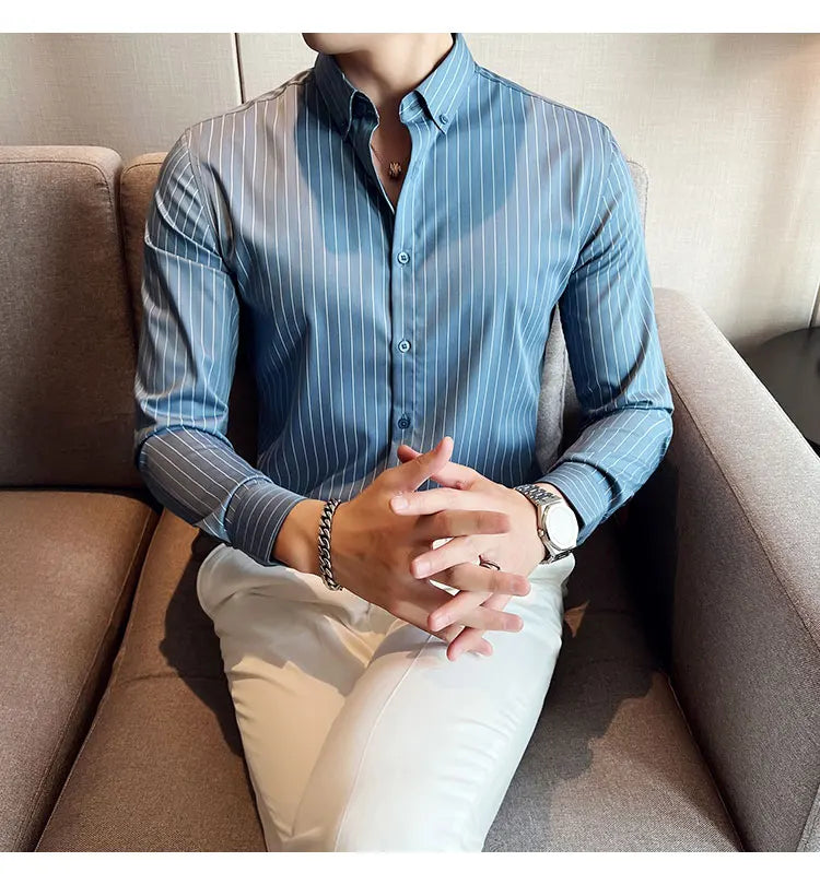 British Style Striped  Men' s Long Sleeve  Shirt