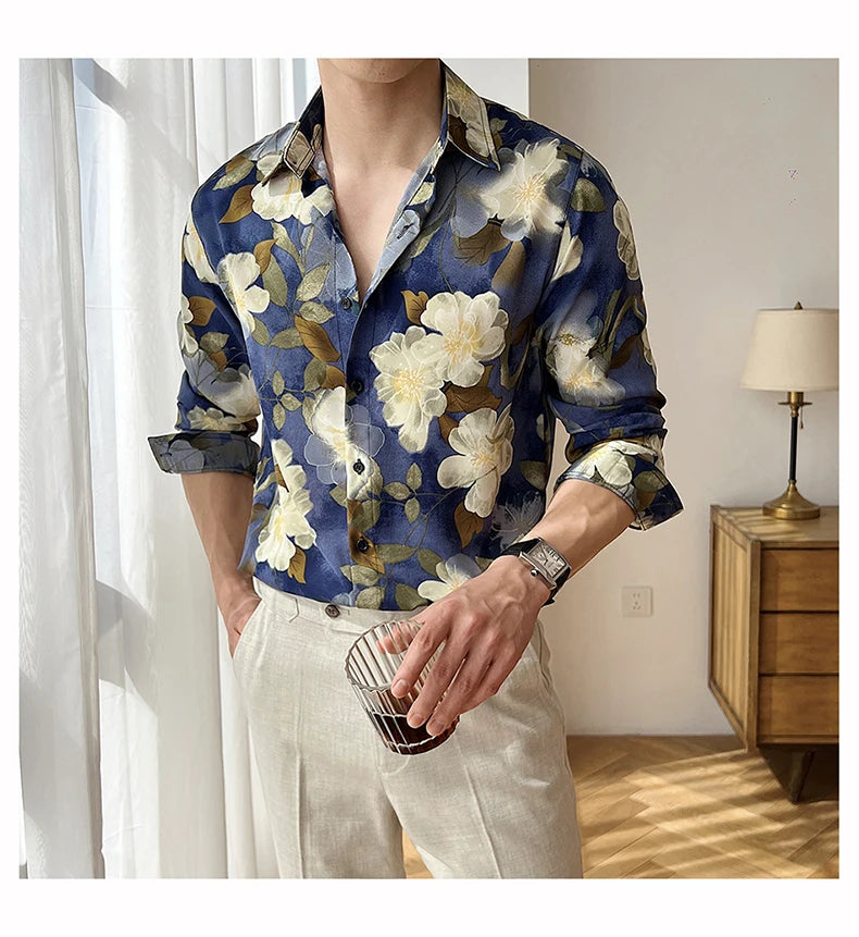 Men Draped Floral Contrast Shirt  Wrinkle-Resistant Flow   Casual Elegance