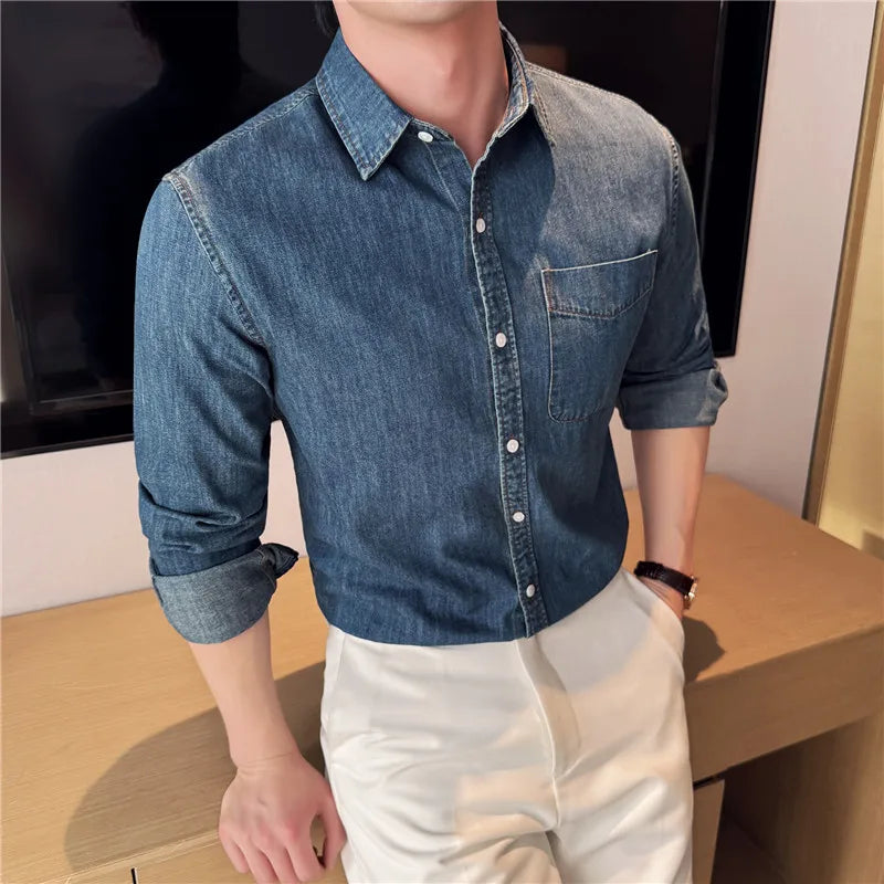 Men's 90% Cotton Denim Shirt – Classic Collar & Button-Up Design