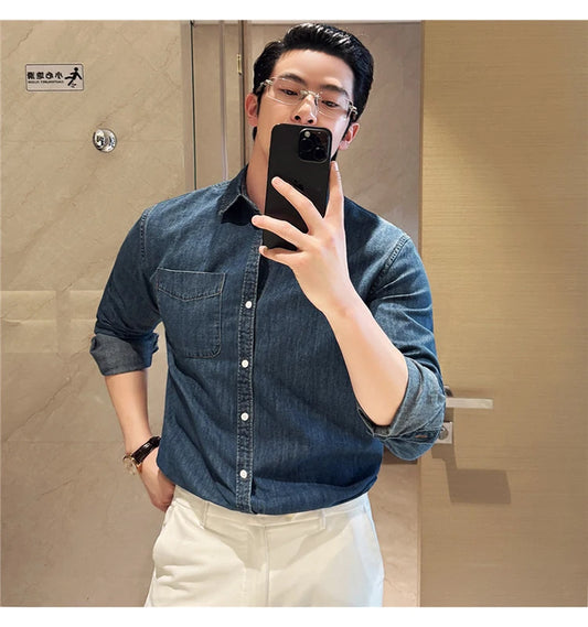 Men's 90% Cotton Denim Shirt – Classic Collar & Button-Up Design