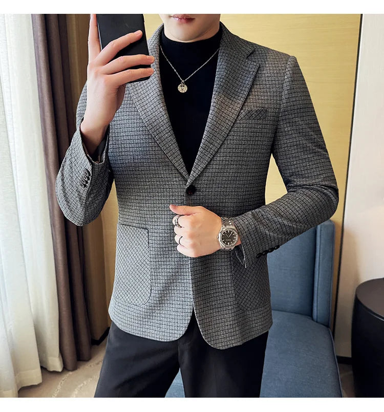 Autumn Winter Simple Plaid  Blazer  For Men Slim Fit . It can worn for Business Events and  wedding functions.