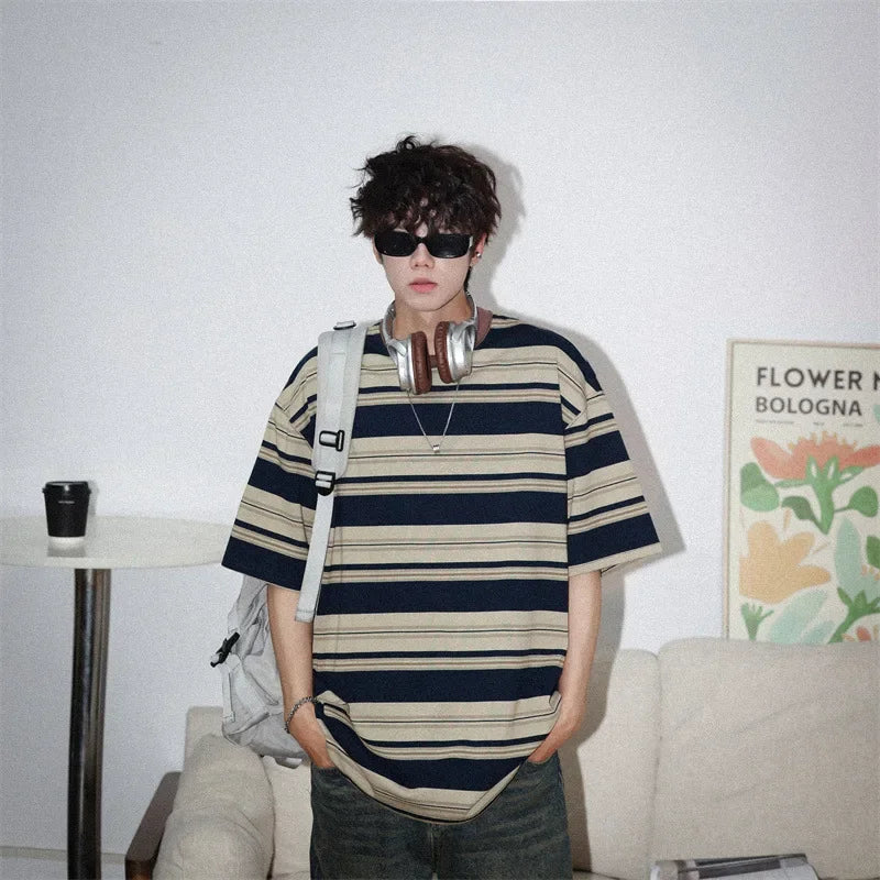 Marvelous  Men's Striped  Short Sleeve O-neck Loose  T-shirt