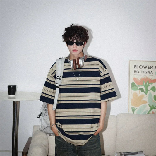 Marvelous  Men's Striped  Short Sleeve O-neck Loose  T-shirt