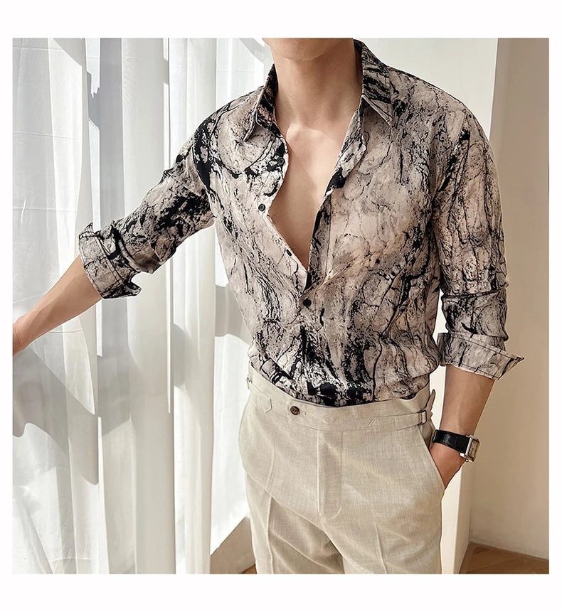 Men Draped Floral Contrast Shirt  Wrinkle-Resistant Flow   Casual Elegance