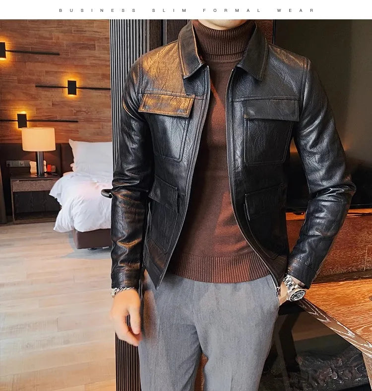 Men Fashion Lapel streetwear  Jacket Casual Business leather coats