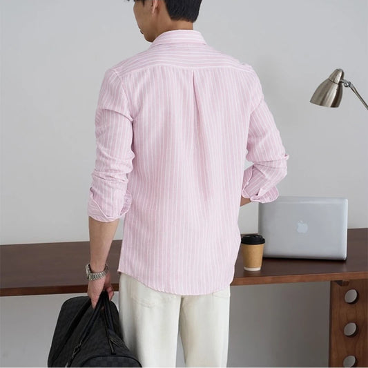 Gentleman 's Pink Business Striped Long-Sleeved Shirt for Men