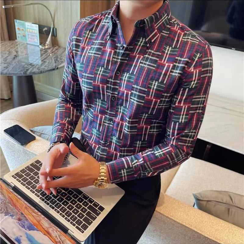 Men's Slim Fit Long-Sleeved Elastic Retro Shirt