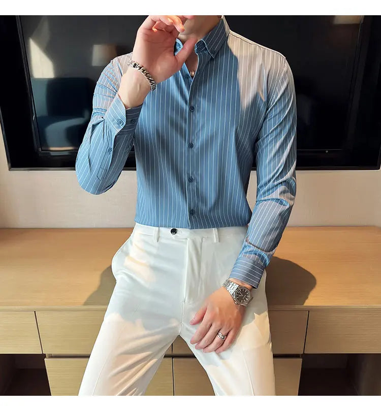 British Style Striped  Men' s Long Sleeve  Shirt