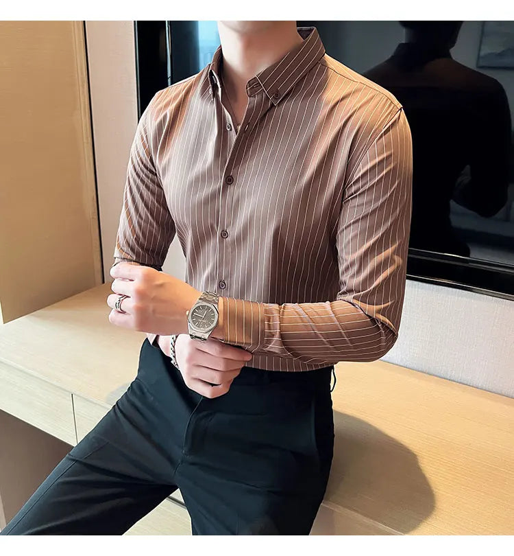 British Style Striped  Men' s Long Sleeve  Shirt