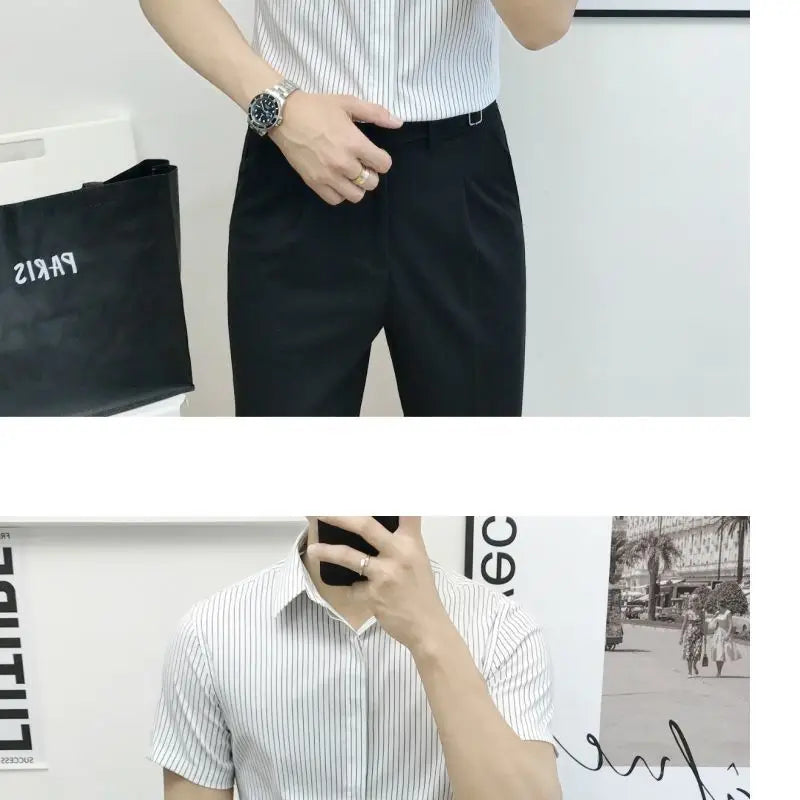 Casual Slim Fit Men Short Sleeve Non Iron Striped Light Shirt