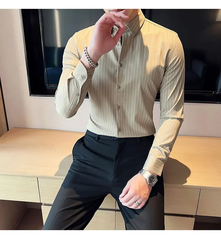 British Style Striped  Men' s Long Sleeve  Shirt