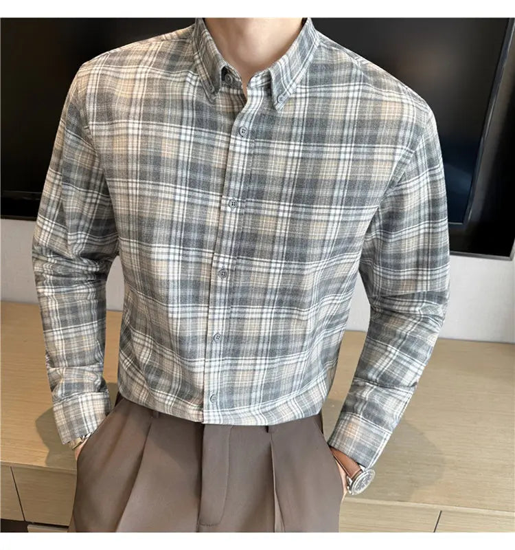 Men's 100% Cotton Brushed Plaid Long-Sleeve Shirt  Thickened Warm Shirt for Autumn and Winter