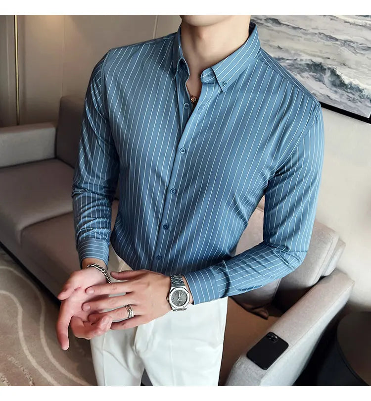 British Style Striped  Men' s Long Sleeve  Shirt