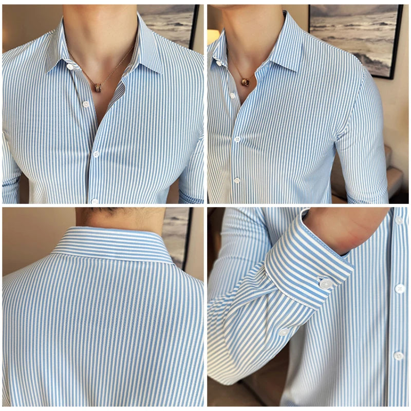 Elegant  striped long-sleeved men's slim fit business shirt