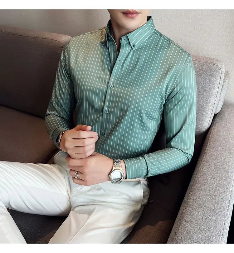 British Style Striped  Men' s Long Sleeve  Shirt