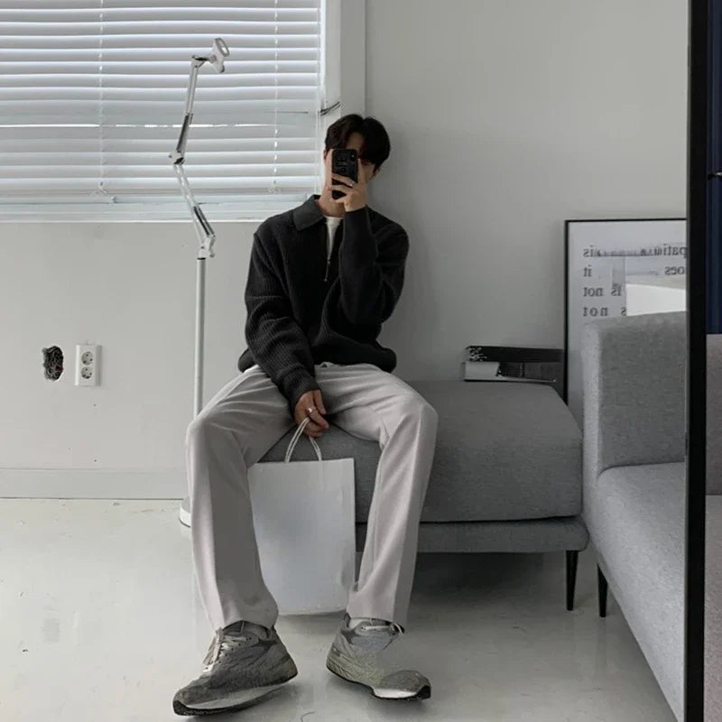 Korean Quality Youth POLO Collar Sweater. Men Winter Thickened Loose Half Zipper Sweater for Winter