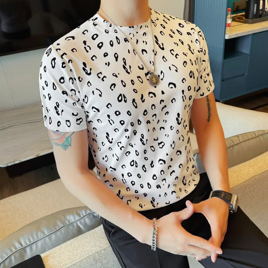 Men's  Leopard Print Round Collar Slim Fit Short Sleeve T -Shirt