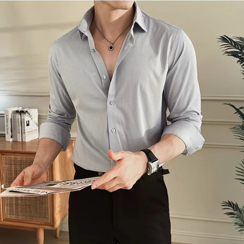 Stretch Slim Fit Men's Business Casual Shirt with Silk & Striped Design